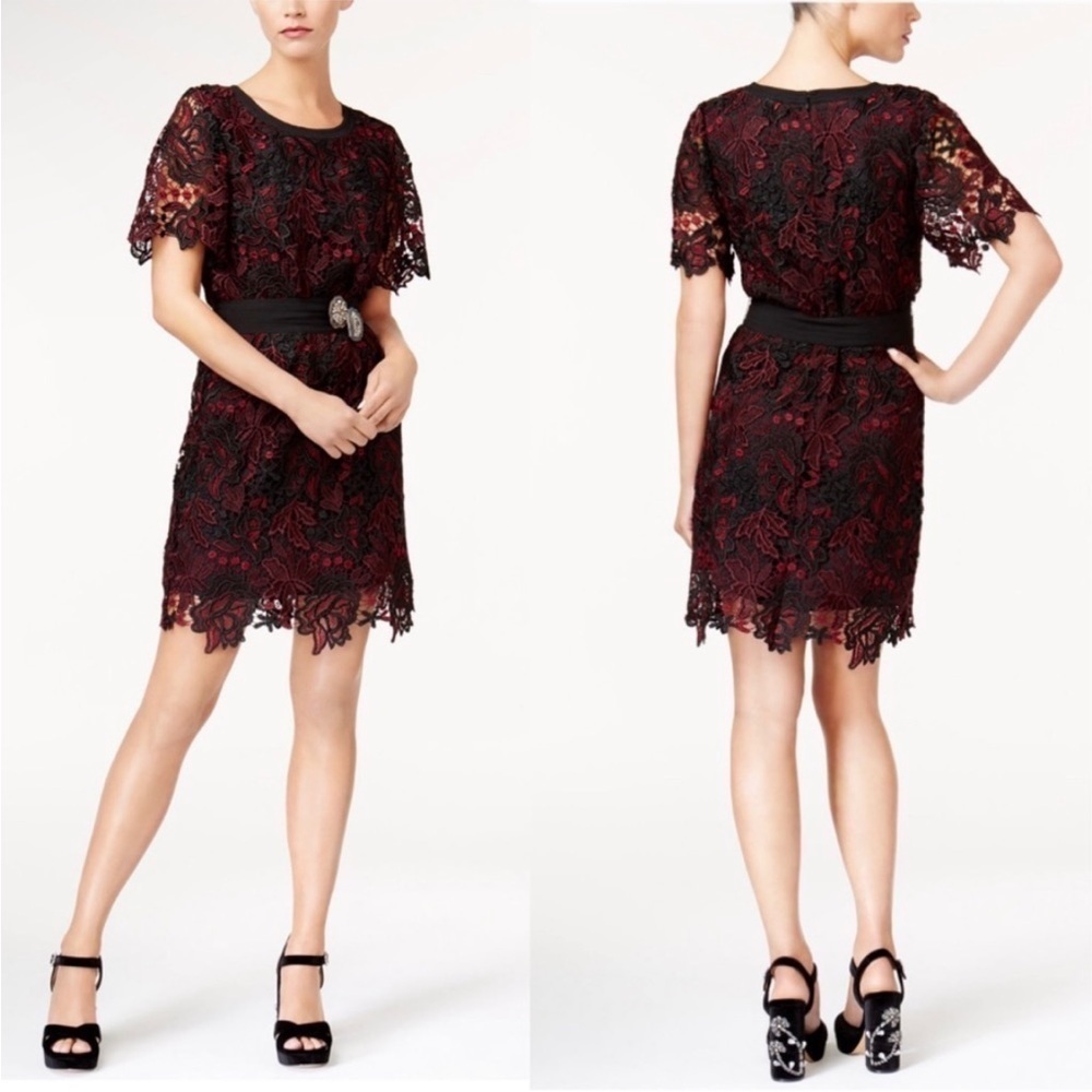 Kobi Halperin Lace Dress Black Red Belt Tie Short Sleeve Party Wedding Event - Picture 2 of 6